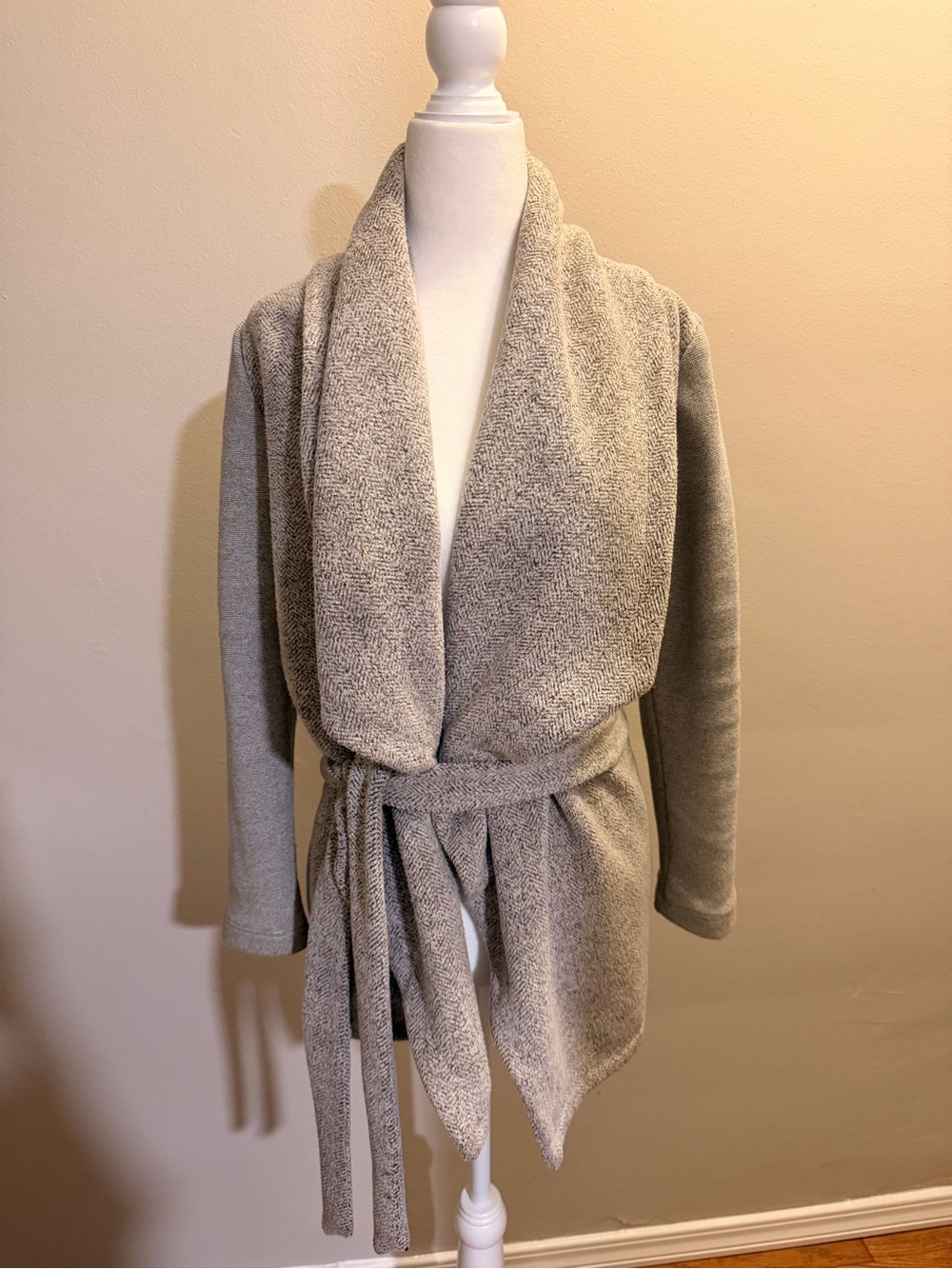 dolan Light Gray Textured Shawl Collar Wrap Belted jacket